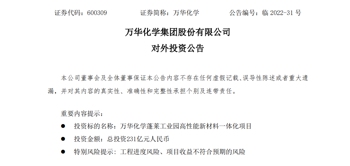 万华化学拟斥资231亿元投建高性能新材料一体化项目